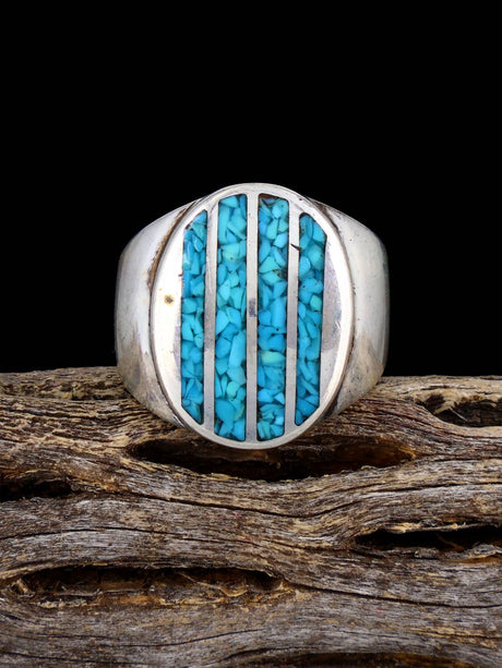 Estate Native Turquoise Chip Inlay Sterling Silver Ring, Size 9 1/2 - PuebloDirect.com