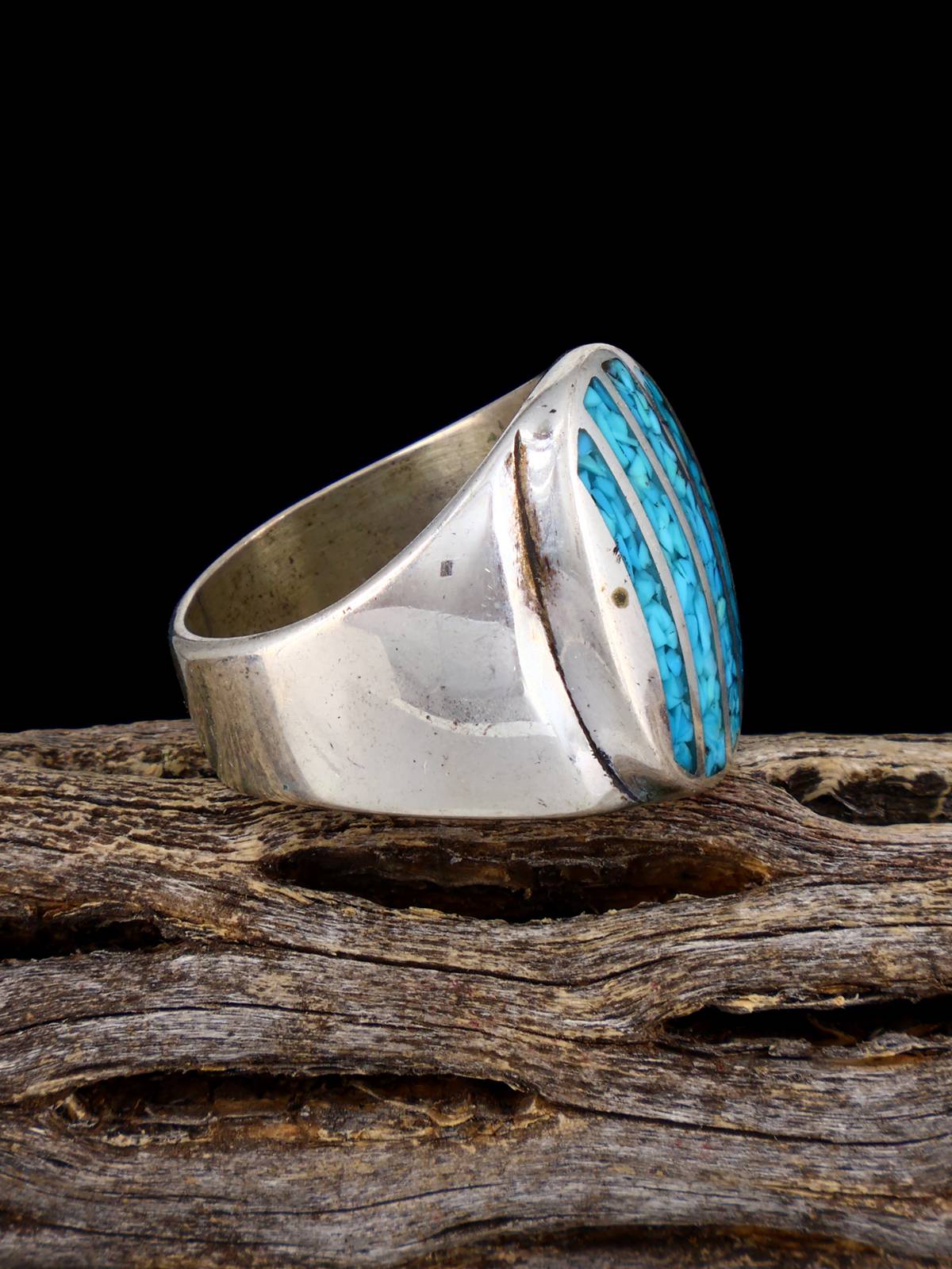 Estate Native Turquoise Chip Inlay Sterling Silver Ring, Size 9 1/2 - PuebloDirect.com