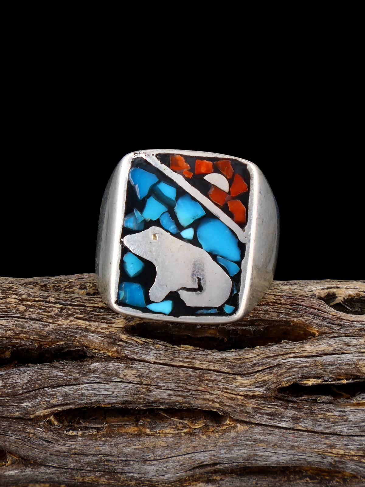 Vintage Native Coral and Turquoise Chip Inlay Sterling Silver Ring, Size 9 3/4 - PuebloDirect.com