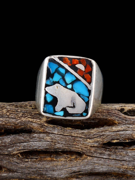 Vintage Native Coral and Turquoise Chip Inlay Sterling Silver Ring, Size 9 3/4 - PuebloDirect.com