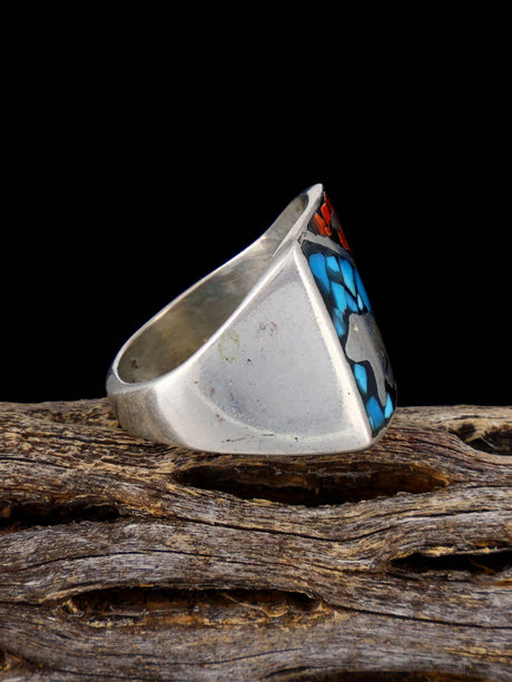 Vintage Native Coral and Turquoise Chip Inlay Sterling Silver Ring, Size 9 3/4 - PuebloDirect.com