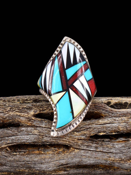 Old Estate Native Sterling Silver Multistone Zuni Inlay Ring, Size 6 - PuebloDirect.com