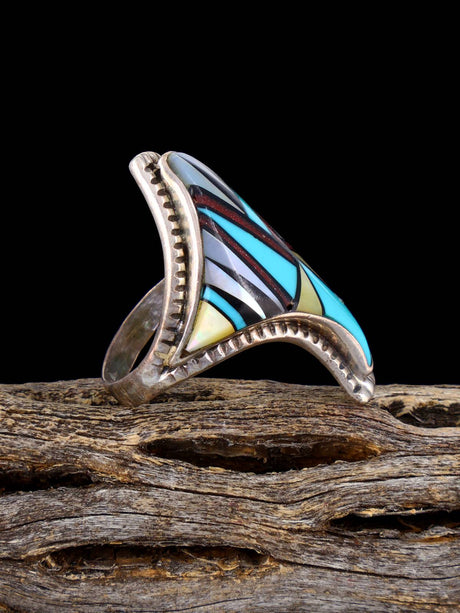 Old Estate Native Sterling Silver Multistone Zuni Inlay Ring, Size 6 - PuebloDirect.com