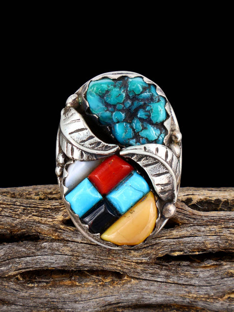 Estate Native Sterling Silver Turquoise and Cobblestone Inlay Ring, Size 10 1/2 - PuebloDirect.com