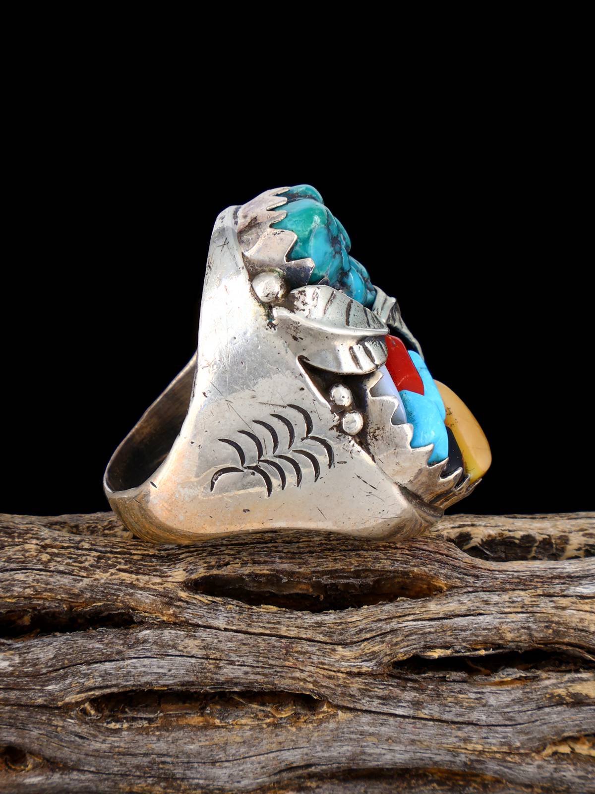 Estate Native Sterling Silver Turquoise and Cobblestone Inlay Ring, Size 10 1/2 - PuebloDirect.com