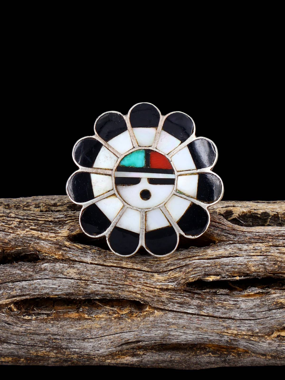 Old Estate Native Sterling Silver Multistone Zuni Inlay Sunface Ring, Size 6 - PuebloDirect.com