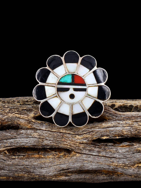 Old Estate Native Sterling Silver Multistone Zuni Inlay Sunface Ring, Size 6 - PuebloDirect.com