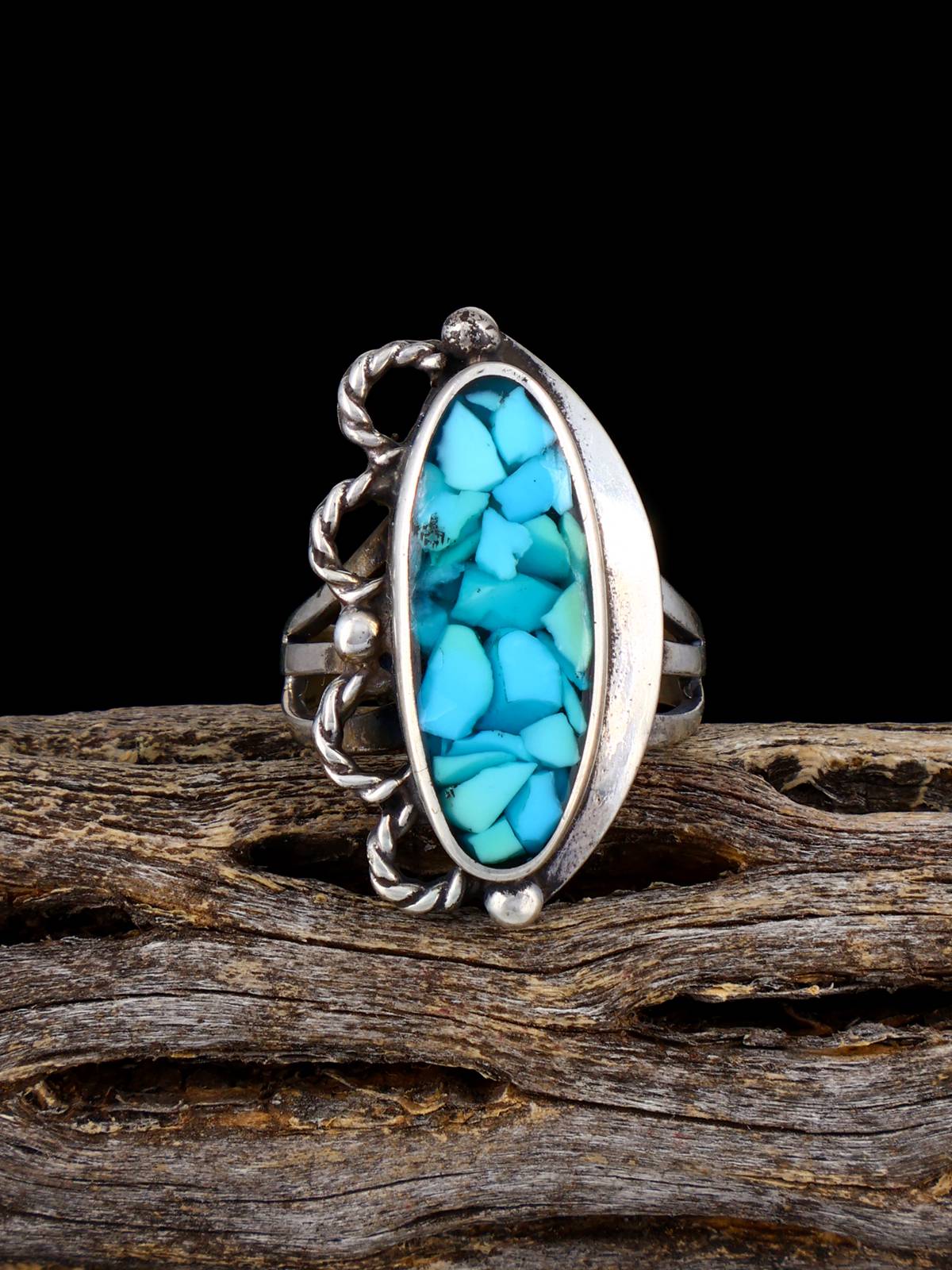 Estate Native Turquoise Chip Inlay Sterling Silver Ring, Size 6 3/4 - PuebloDirect.com