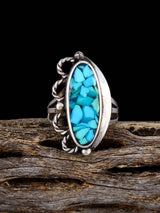 Estate Native Turquoise Chip Inlay Sterling Silver Ring, Size 6 3/4 - PuebloDirect.com