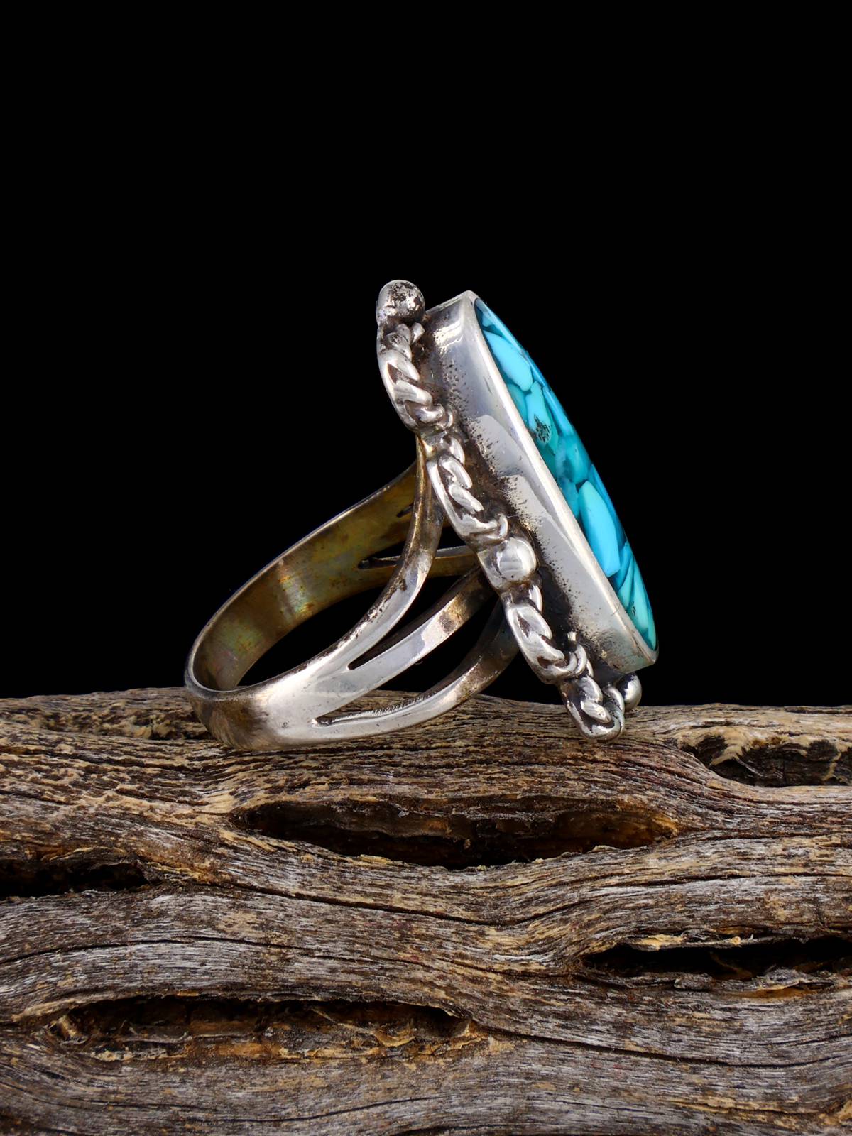 Estate Native Turquoise Chip Inlay Sterling Silver Ring, Size 6 3/4 - PuebloDirect.com