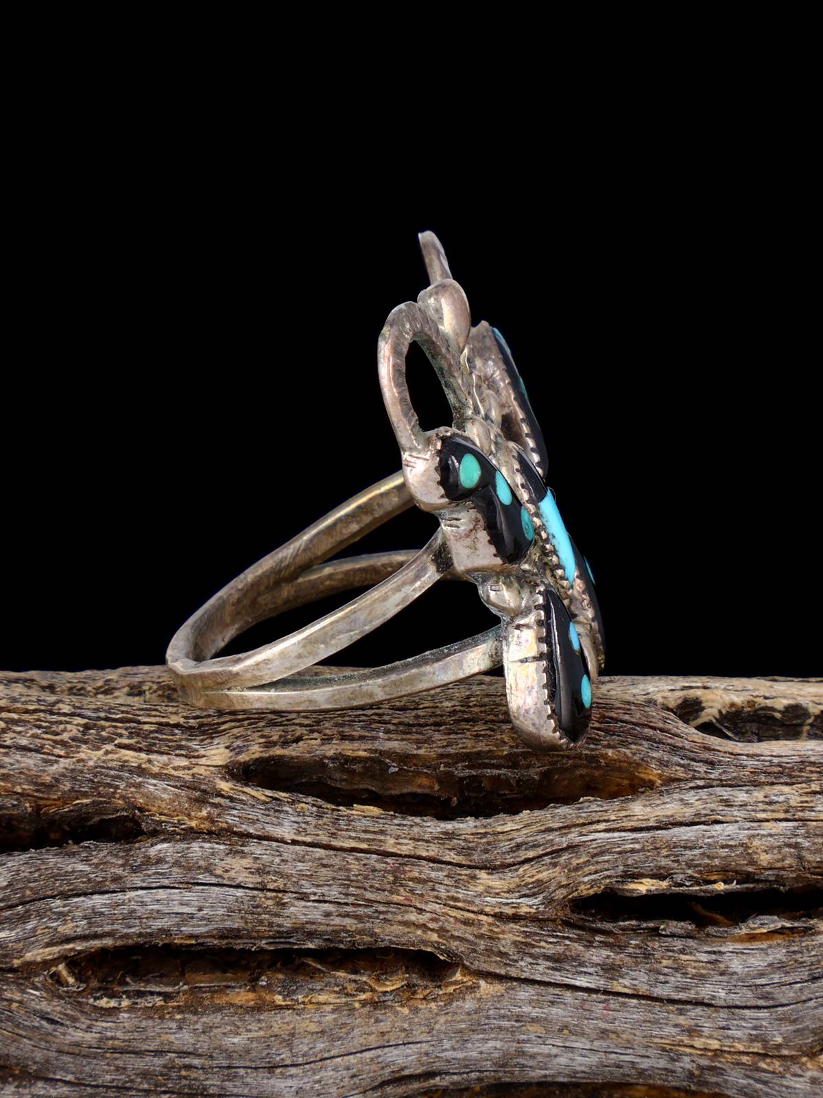 Old Estate Native Sterling Silver Jet and Turquoise Zuni Inlay Butterfly Ring, Size 7 1/2 - PuebloDirect.com
