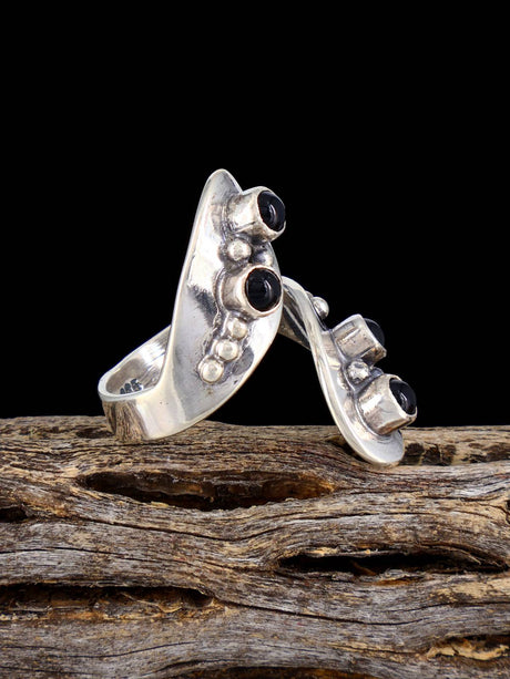 Vintage Sterling Silver Black Onyx Adjustable Wrap Ring, Size 7-9