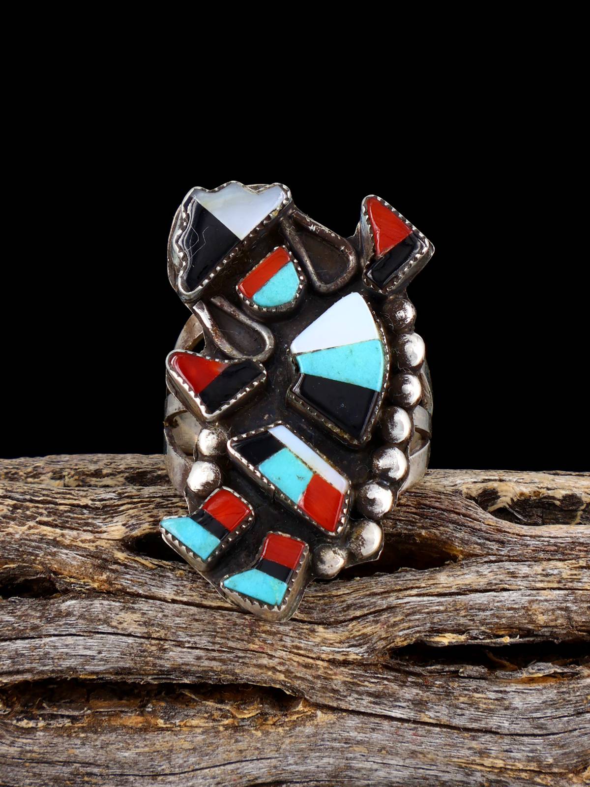 Vintage Native Sterling Silver Multistone Zuni Inlay Rainbow Man Ring, Size 5 - PuebloDirect.com