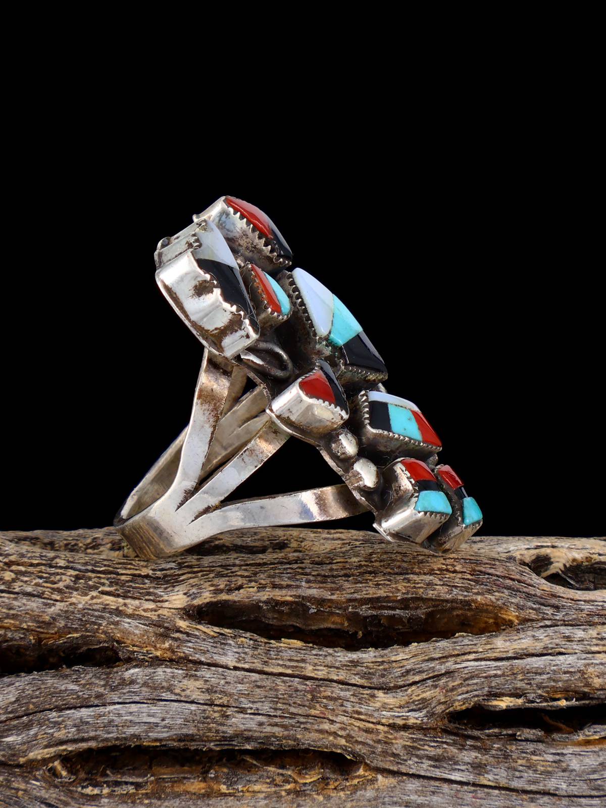 Vintage Native Sterling Silver Multistone Zuni Inlay Rainbow Man Ring, Size 5 - PuebloDirect.com