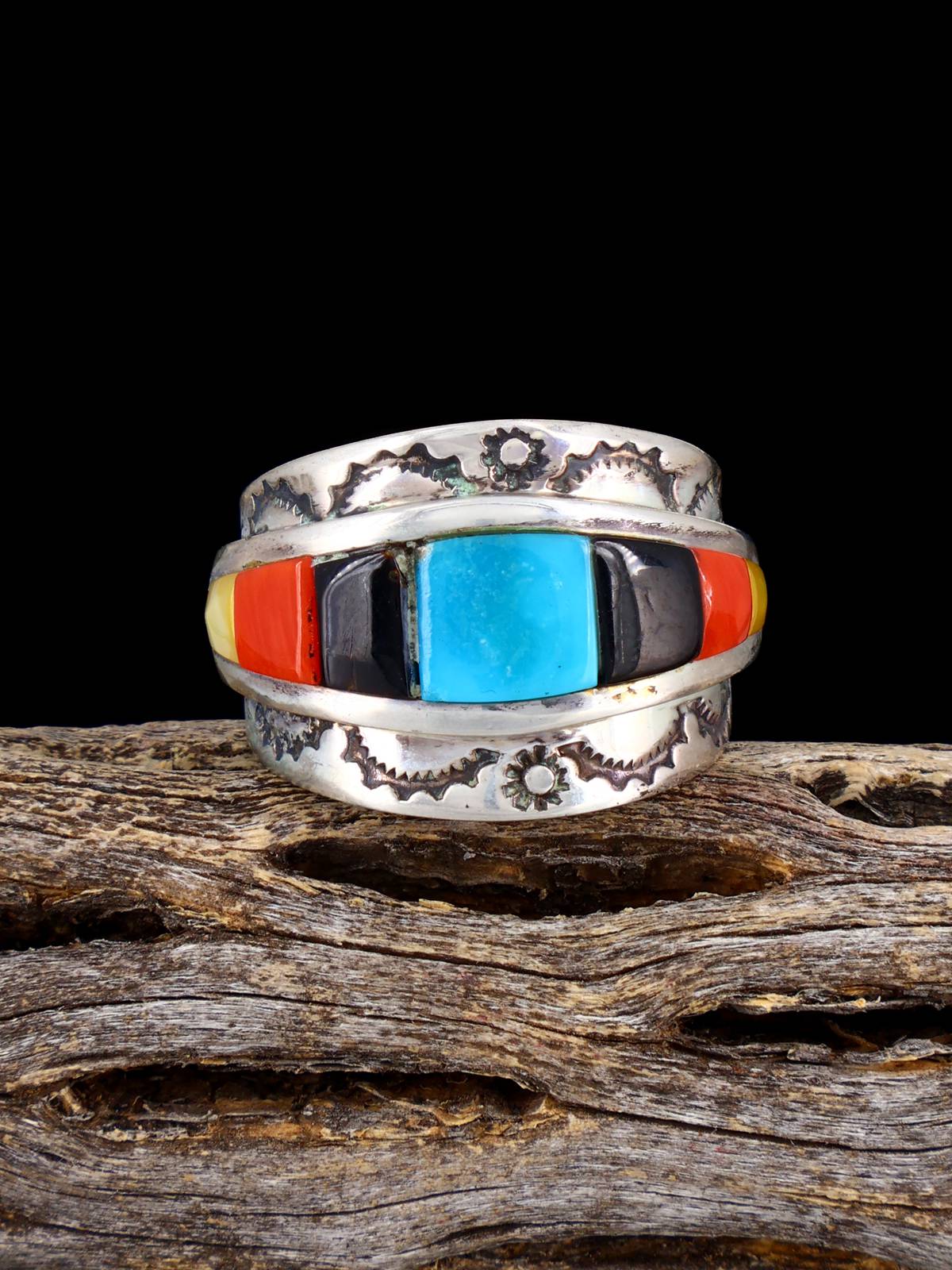 Old Native Sterling Silver Multistone Inlay Ring, Size 9 1/2 - PuebloDirect.com