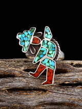 Old Native Coral and Turquoise Chip Inlay Rainbow Man Sterling Silver Ring, Size 7 3/4 - PuebloDirect.com