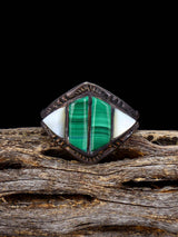 Estate Native Sterling Silver Malachite and Mother of Pearl Inlay Ring, Size 10 - PuebloDirect.com