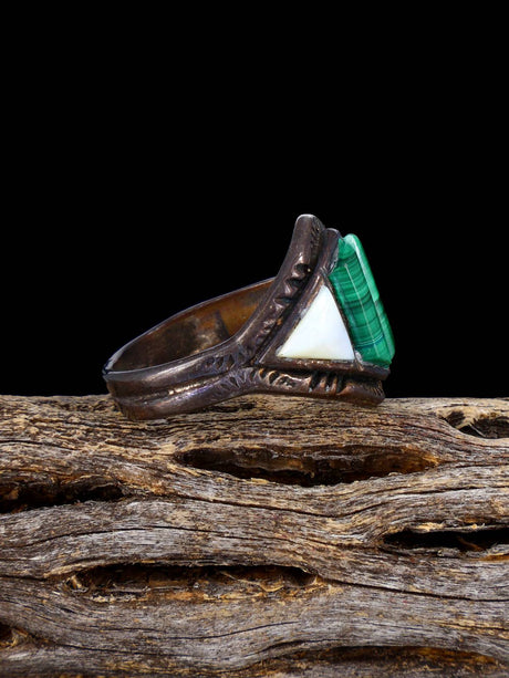 Estate Native Sterling Silver Malachite and Mother of Pearl Inlay Ring, Size 10 - PuebloDirect.com