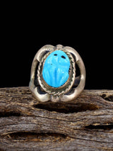 Vintage Native American Turquoise Carved Frog Sterling Silver Ring, Size 6 1/4