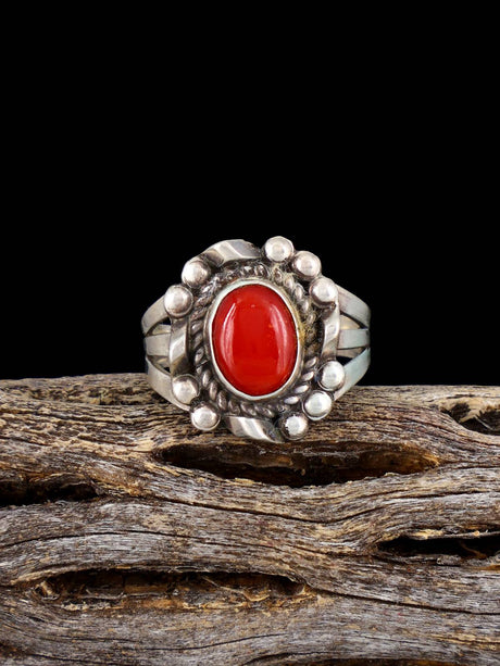 Estate Sterling Silver and Coral Ring, Size 6 - PuebloDirect.com