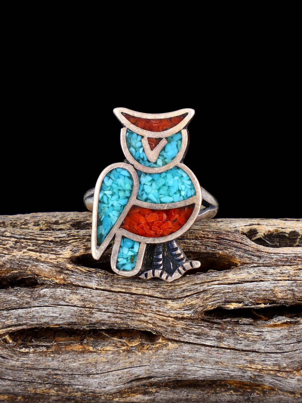 Old Native Coral and Turquoise Chip Inlay Owl Sterling Silver Ring, Size 5 - PuebloDirect.com