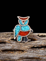 Old Native Coral and Turquoise Chip Inlay Owl Sterling Silver Ring, Size 5 - PuebloDirect.com