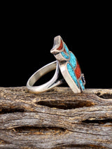 Old Native Coral and Turquoise Chip Inlay Owl Sterling Silver Ring, Size 5 - PuebloDirect.com