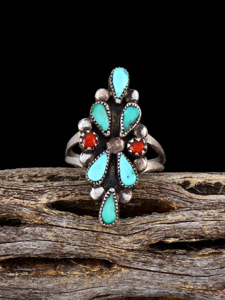 Vintage Sterling Silver Turquoise and Coral Ring, Size 5 1/2 - PuebloDirect.com