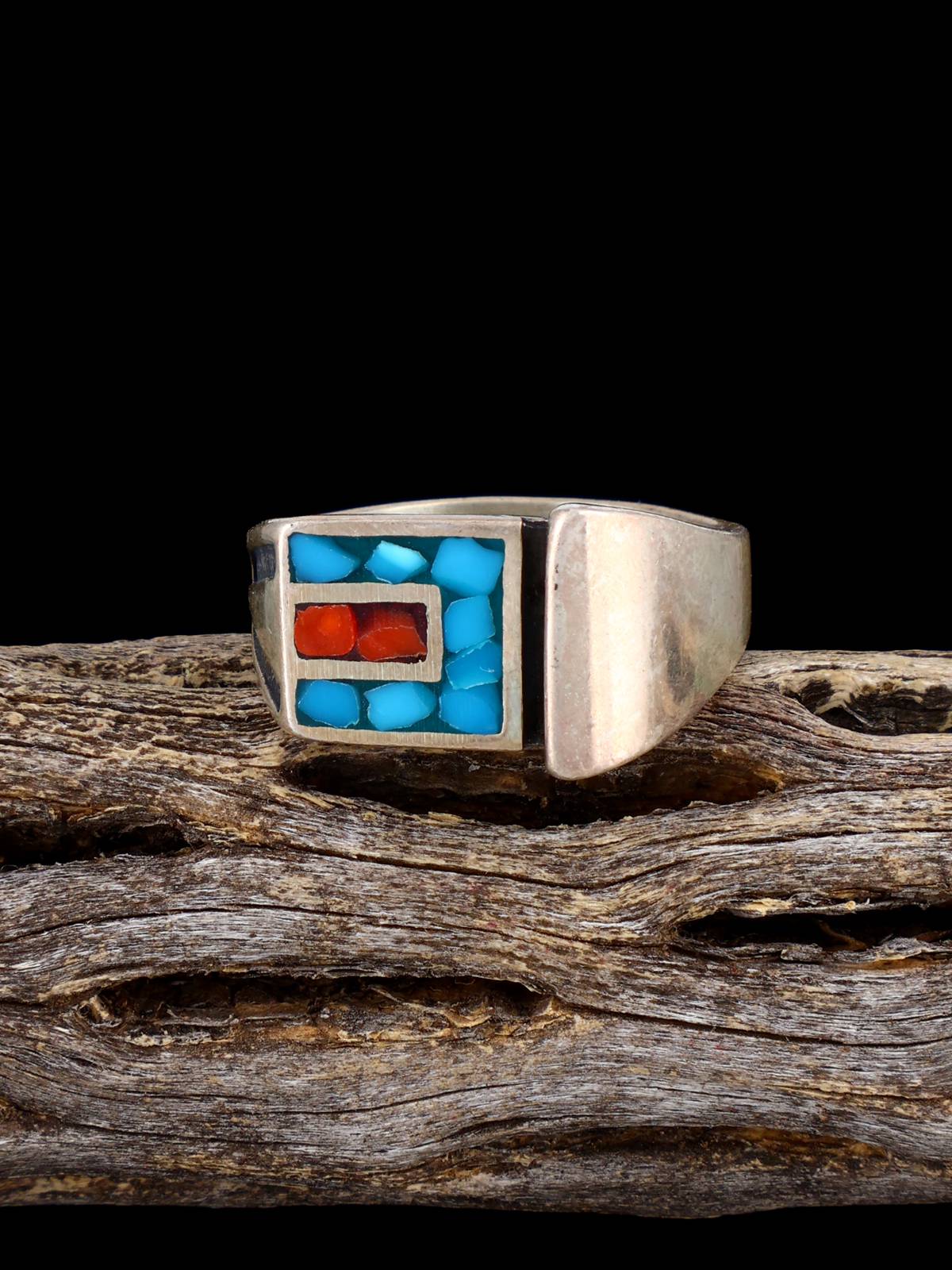Old Native Coral and Turquoise Chip Inlay Sterling Silver Ring, Size 10 3/4 - PuebloDirect.com