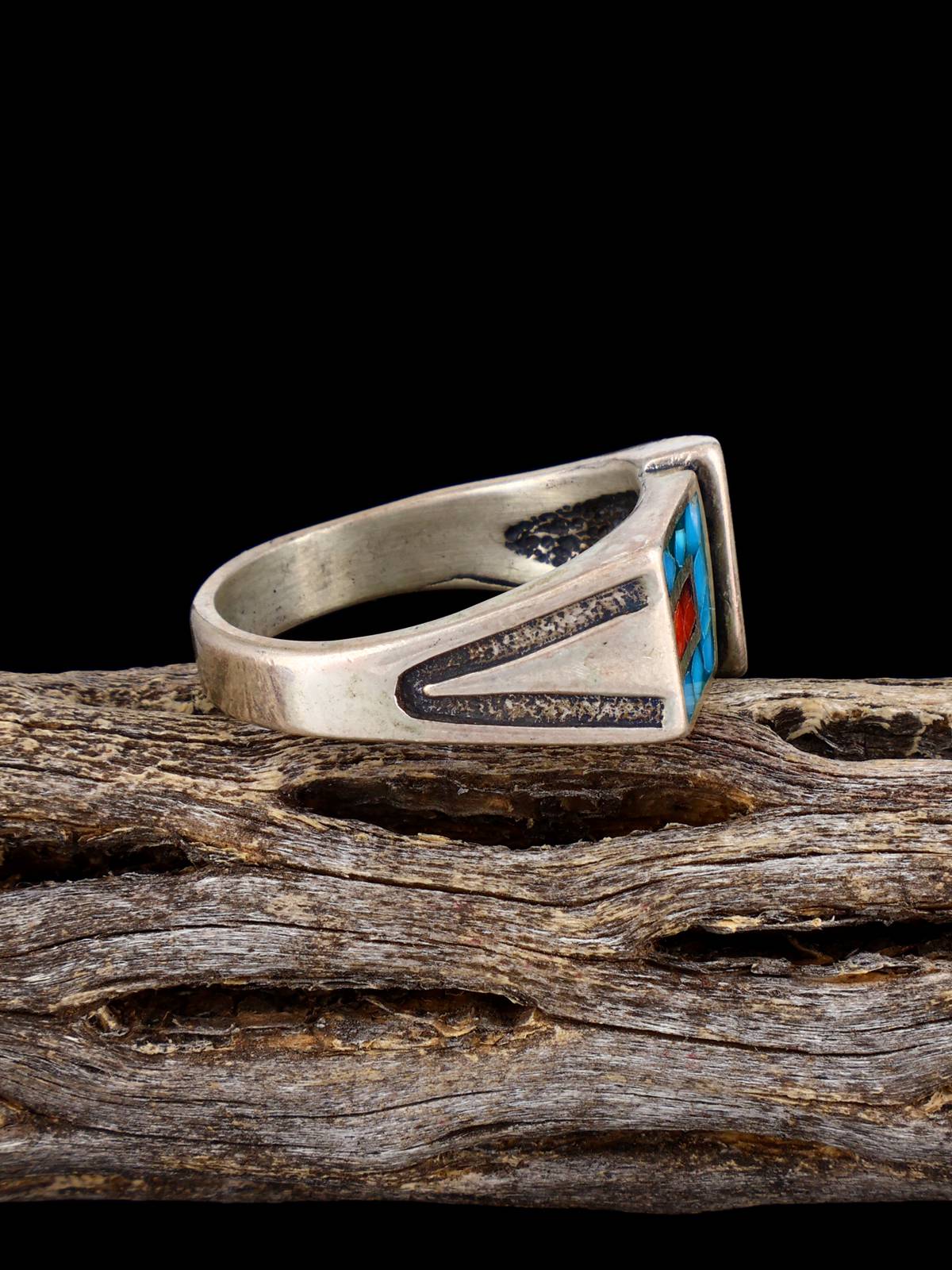 Old Native Coral and Turquoise Chip Inlay Sterling Silver Ring, Size 10 3/4 - PuebloDirect.com