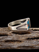 Old Native Coral and Turquoise Chip Inlay Sterling Silver Ring, Size 10 3/4 - PuebloDirect.com