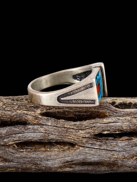 Old Native Coral and Turquoise Chip Inlay Sterling Silver Ring, Size 10 3/4 - PuebloDirect.com