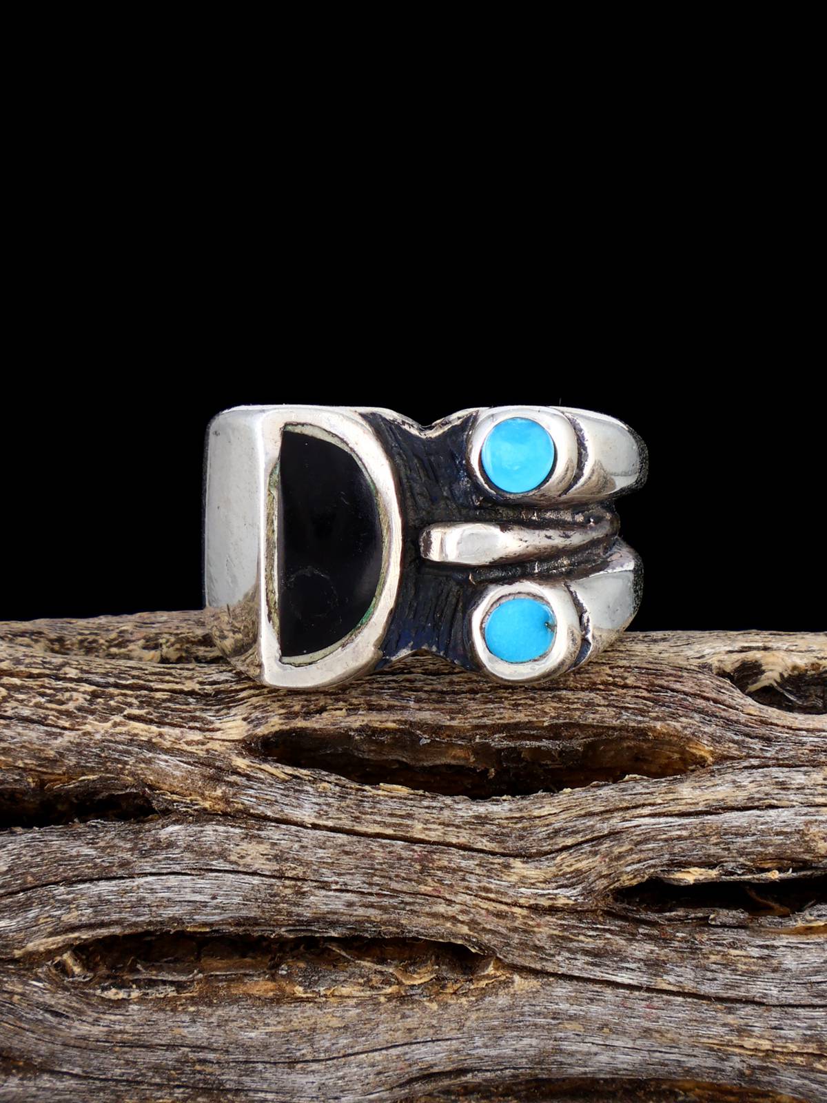 Estate Native American Turquoise and Black Onyx Sterling Silver Ring, Size 7 3/4