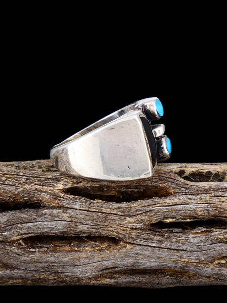 Estate Native American Turquoise and Black Onyx Sterling Silver Ring, Size 7 3/4