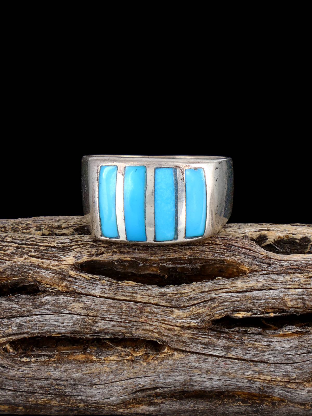 Vintage Native American Turquoise Inlay Sterling Silver Ring, Size 7 3/4