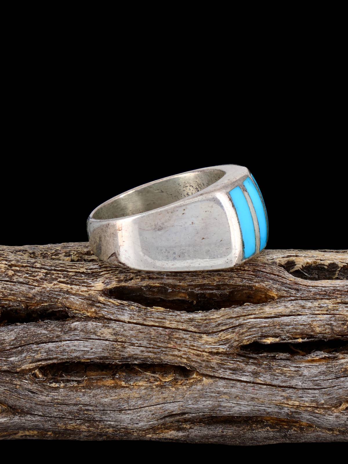Vintage Native American Turquoise Inlay Sterling Silver Ring, Size 7 3/4