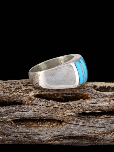 Vintage Native American Turquoise Inlay Sterling Silver Ring, Size 7 3/4