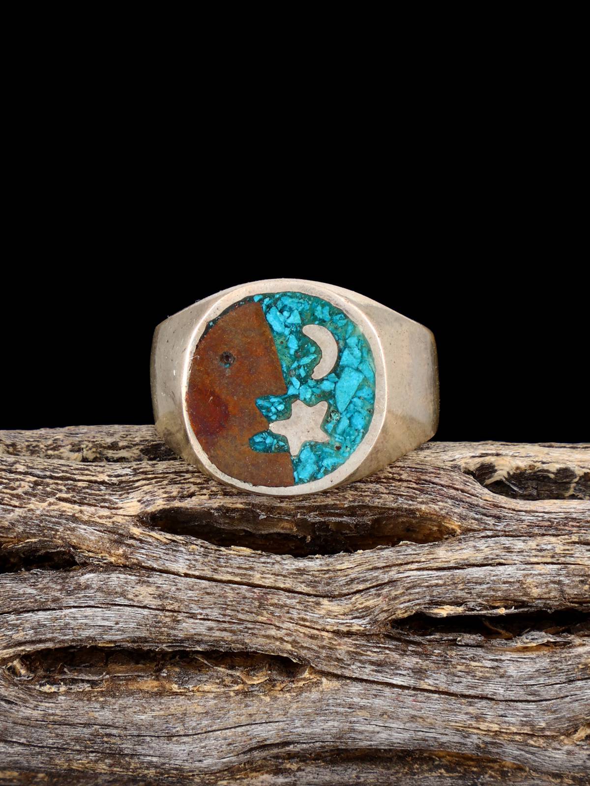 Estate Native Copper and Turquoise Chip Inlay Sterling Silver Ring, Size 9 1/4 - PuebloDirect.com