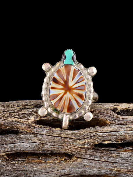 Vintage Native Sterling Silver Multistone Inlay Turtle Ring, Size 4 3/4 - PuebloDirect.com