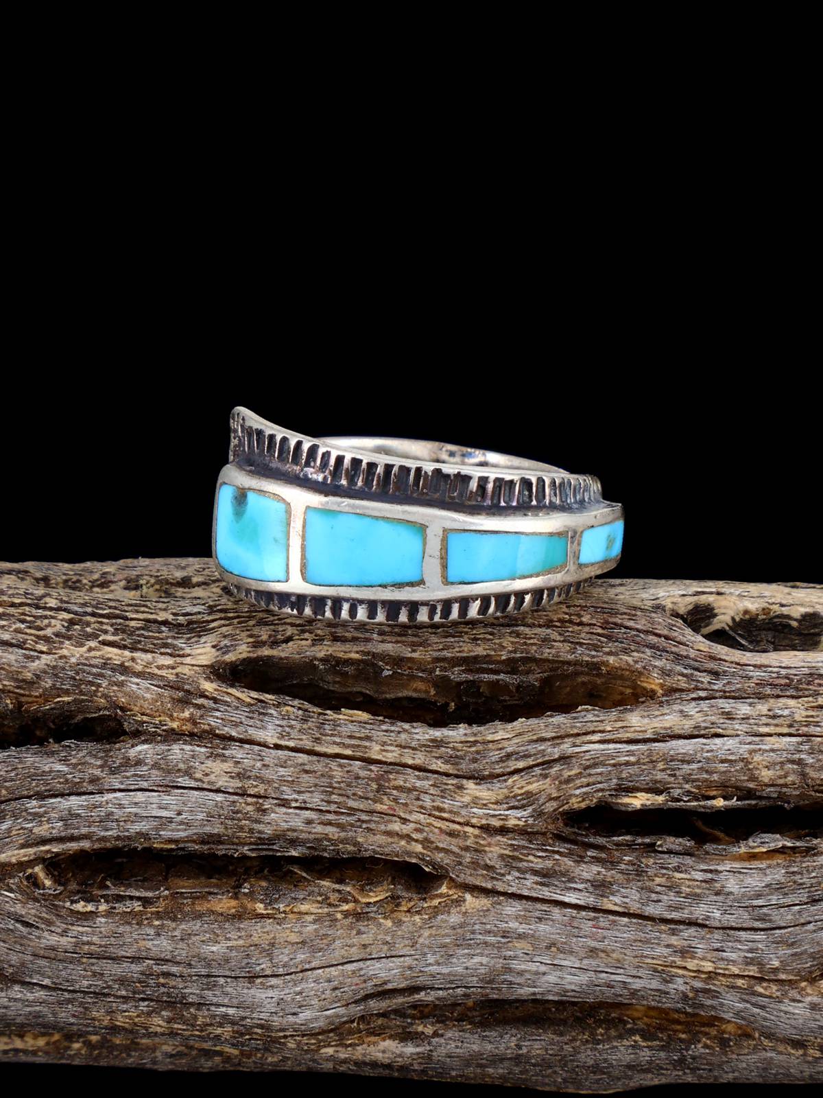 Vintage Native American Turquoise Inlay Sterling Silver Ring, Size 6 1/4