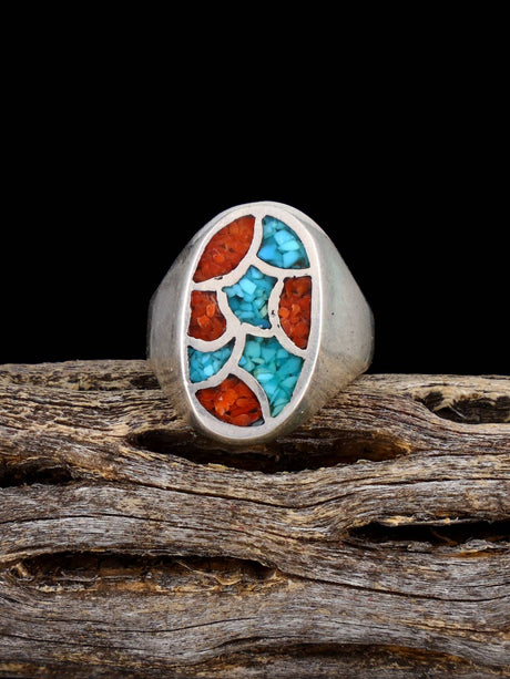 Vintage Native Coral and Turquoise Chip Inlay Sterling Silver Ring, Size 6 3/4 - PuebloDirect.com