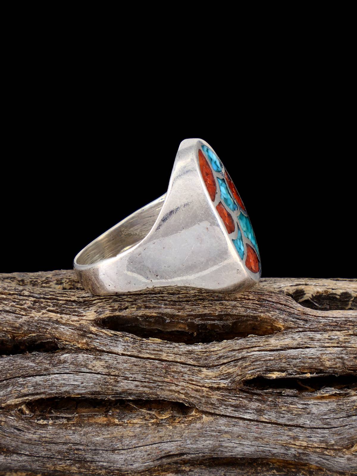Vintage Native Coral and Turquoise Chip Inlay Sterling Silver Ring, Si ...