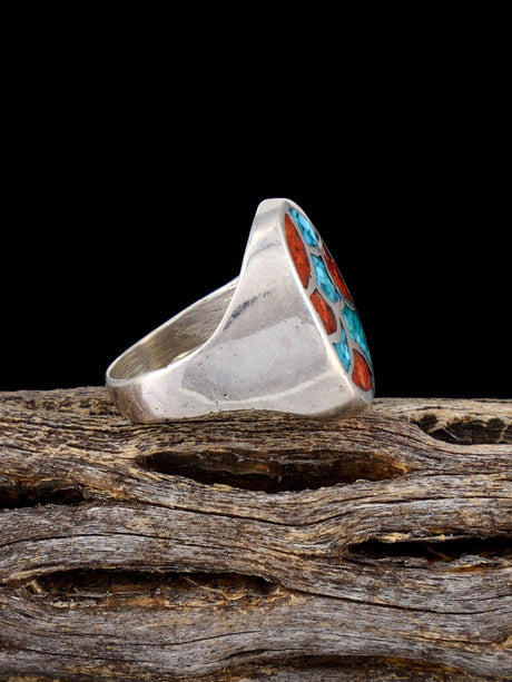Vintage Native Coral and Turquoise Chip Inlay Sterling Silver Ring, Size 6 3/4 - PuebloDirect.com