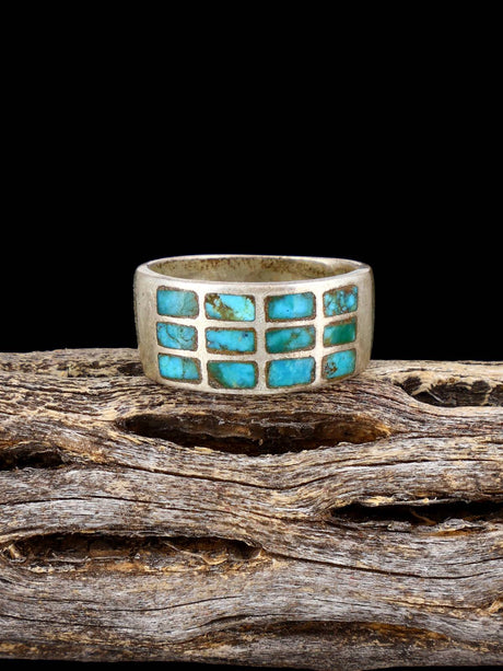 Estate Native Turquoise Inlay Sterling Silver Ring, Size 7 - PuebloDirect.com
