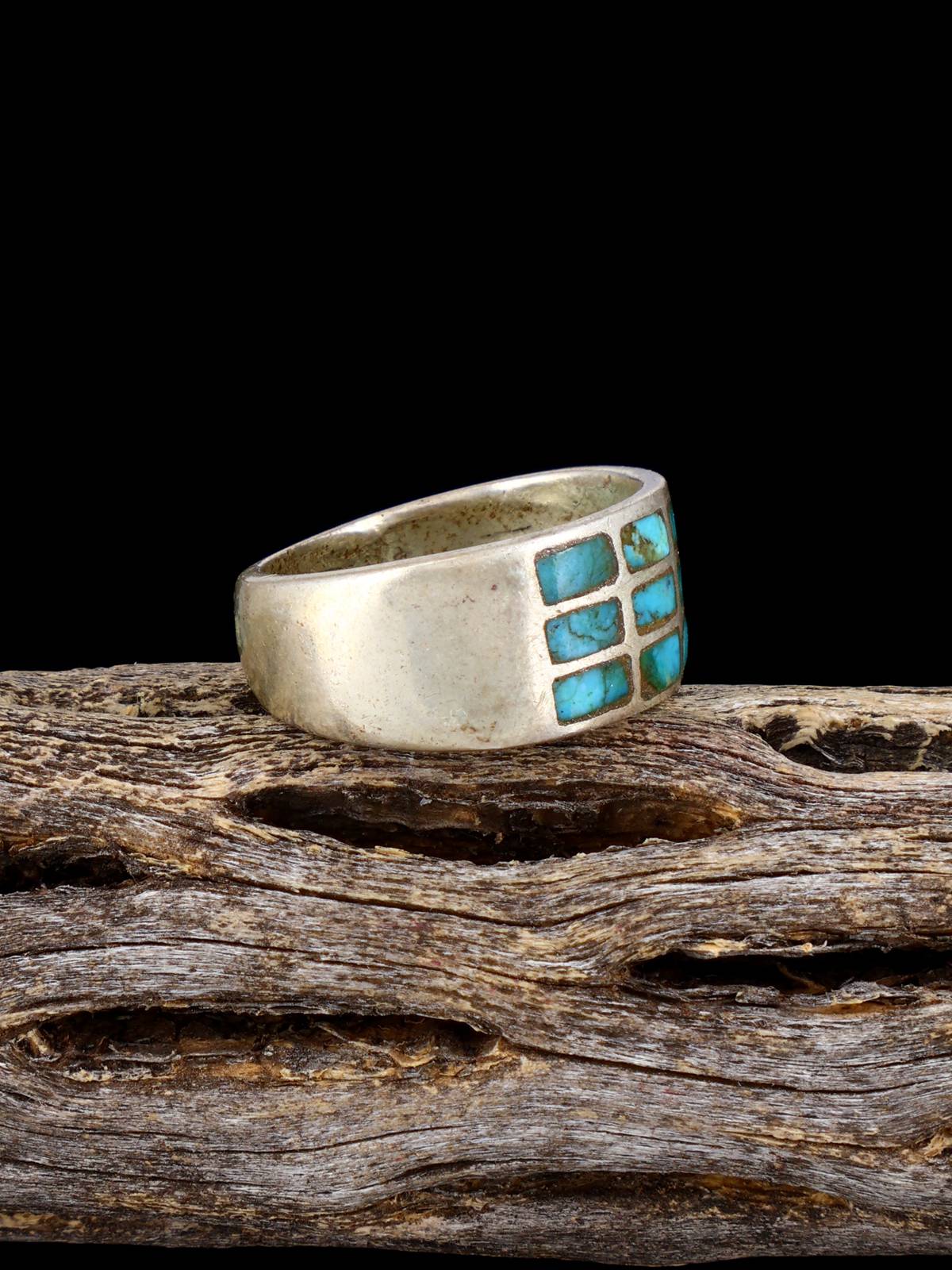 Estate Native Turquoise Inlay Sterling Silver Ring, Size 7 - PuebloDirect.com