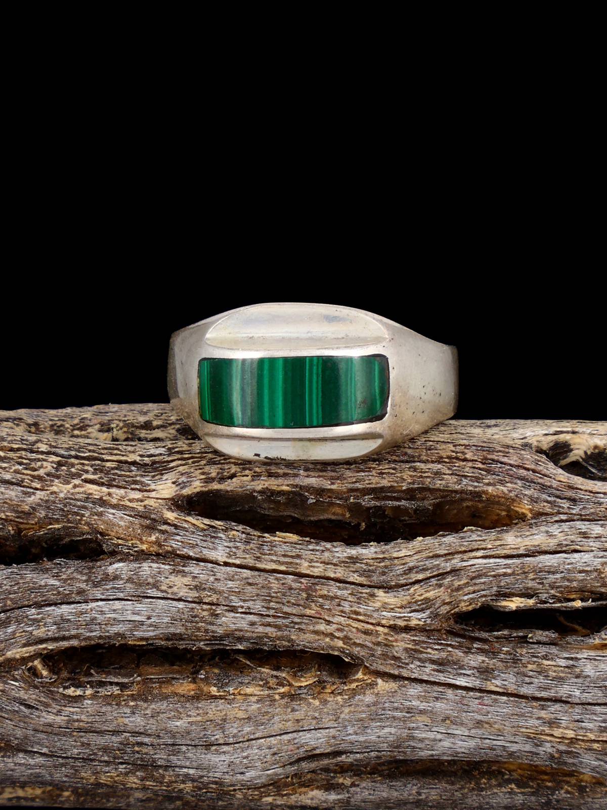 Old Estate Sterling Silver Malachite Ring, Size 7 1/2