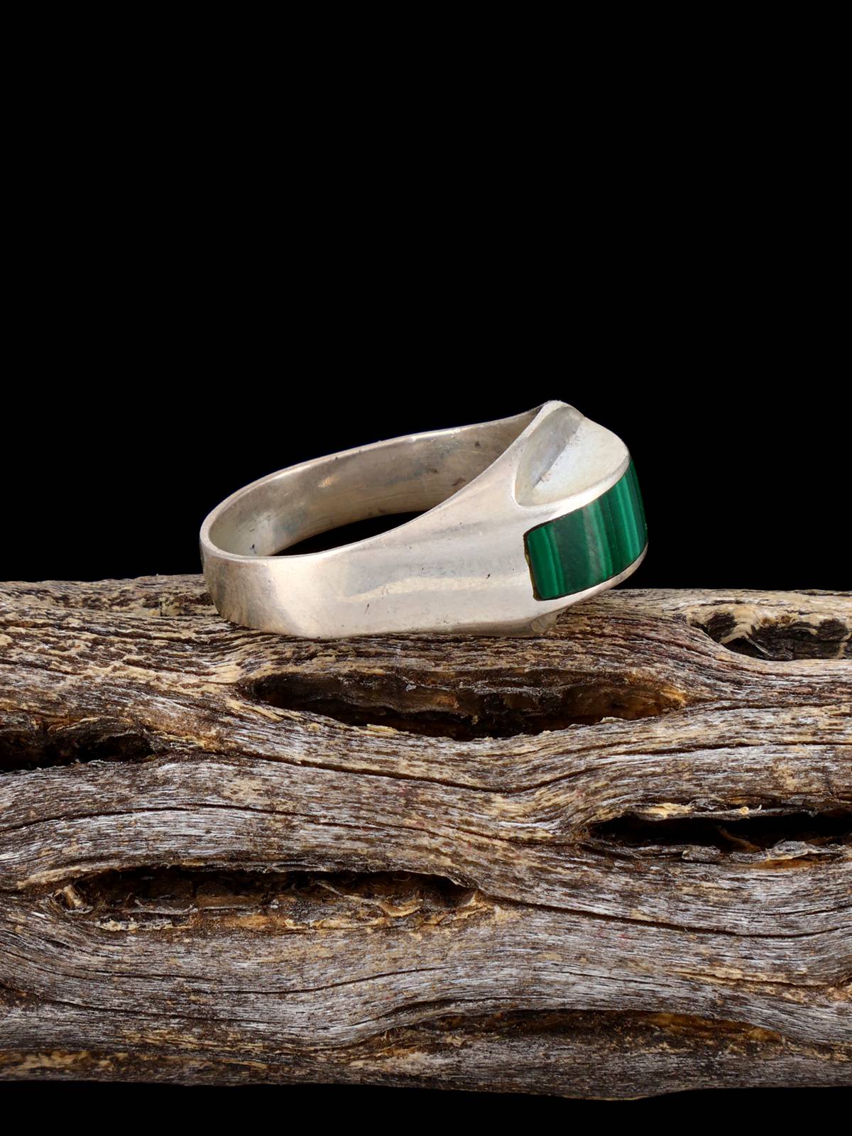Old Estate Sterling Silver Malachite Ring, Size 7 1/2