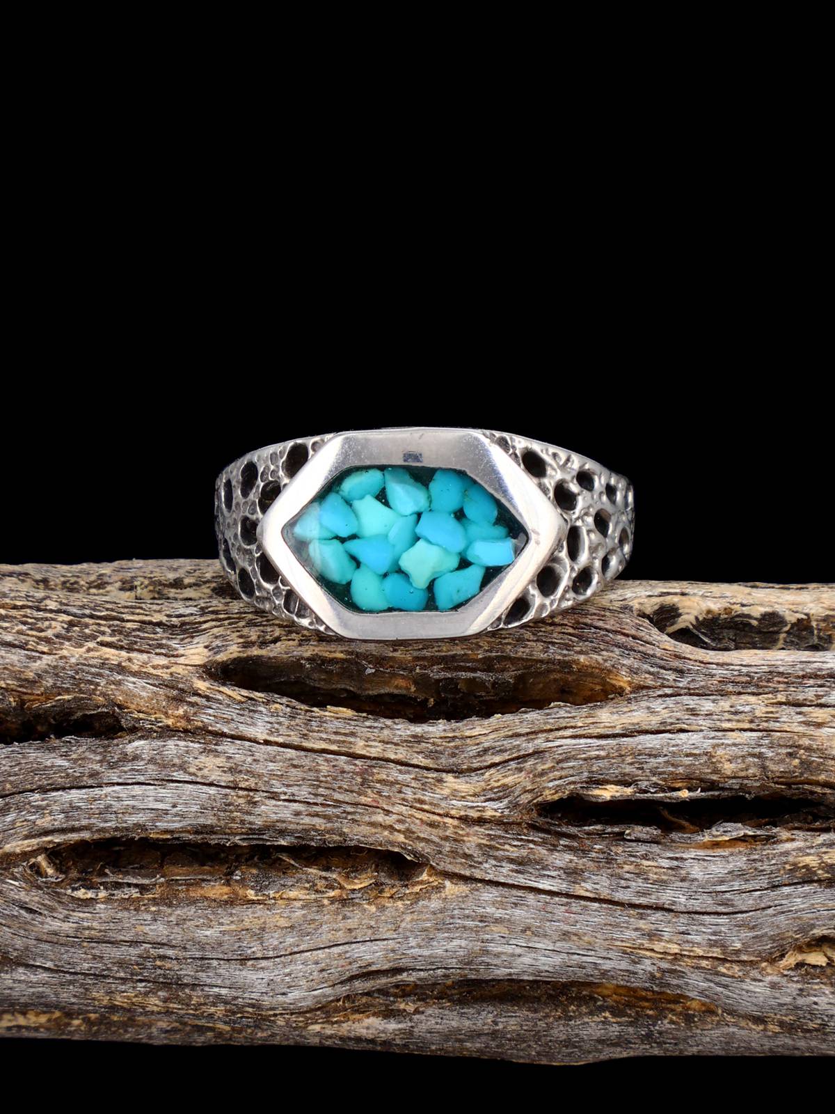Estate Native Turquoise Chip Inlay Sterling Silver Ring, Size 10 - PuebloDirect.com