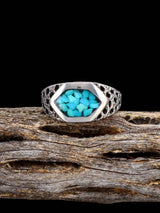 Estate Native Turquoise Chip Inlay Sterling Silver Ring, Size 10 - PuebloDirect.com