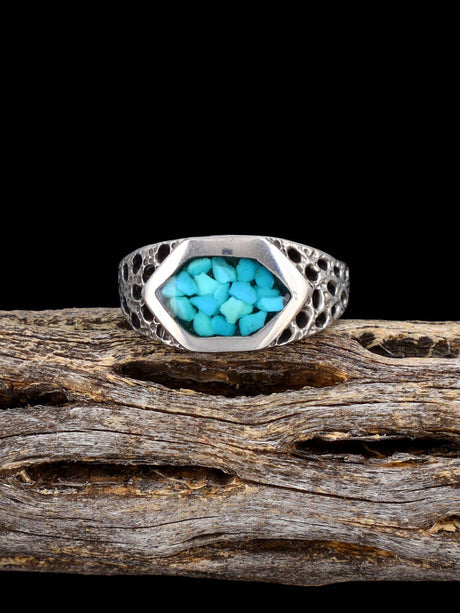 Estate Native Turquoise Chip Inlay Sterling Silver Ring, Size 10 - PuebloDirect.com